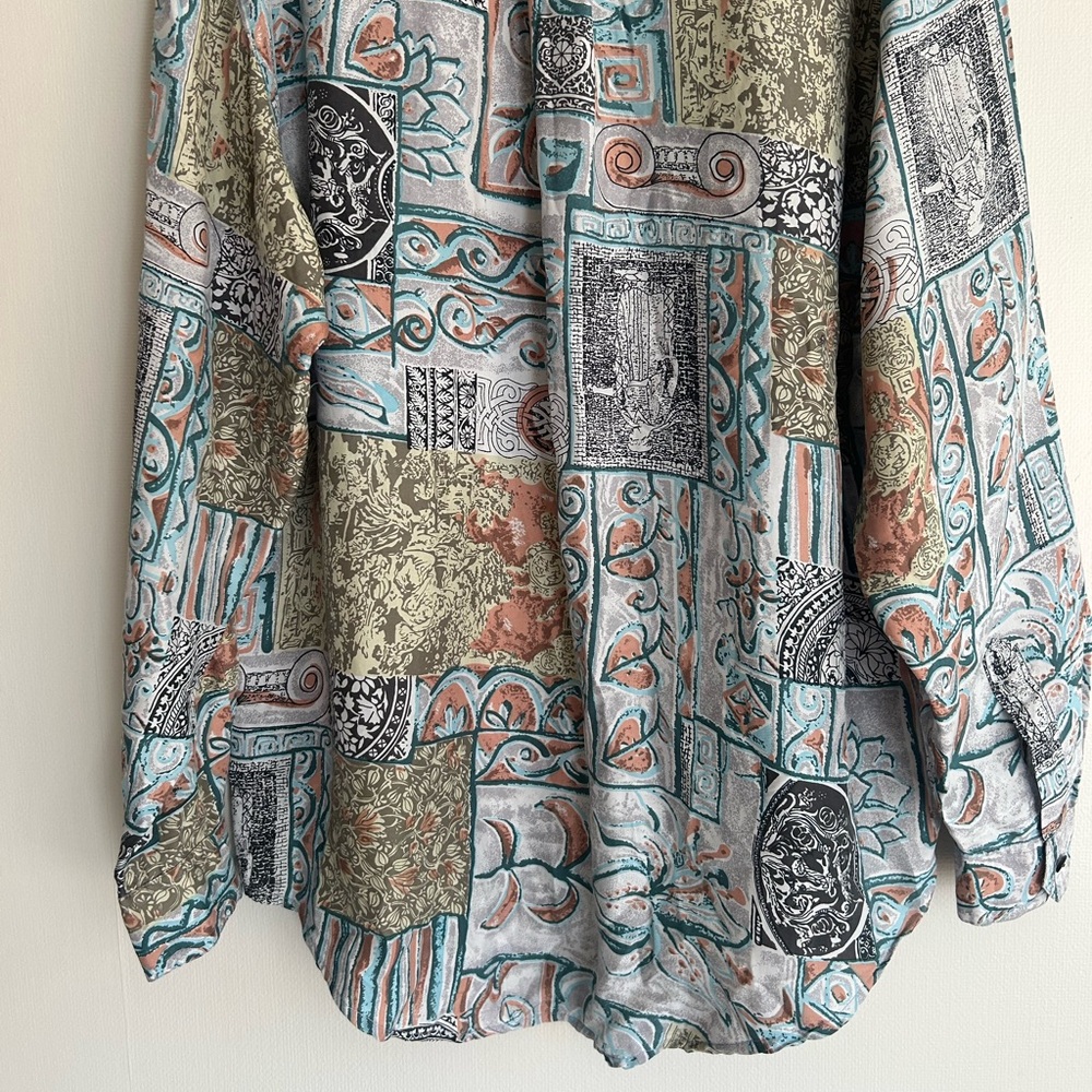 VINTAGE DIANE GILMAN 90s Silk Tapestry Button Top Oversized Lagenlook Art Wear M - Picture 12 of 13
